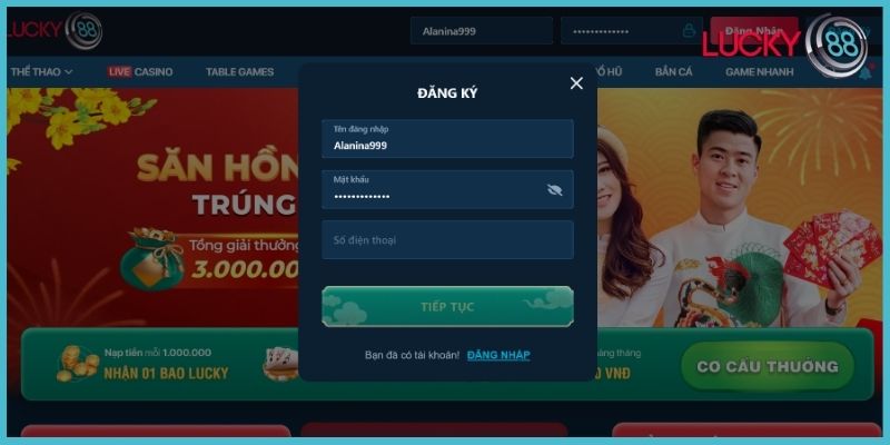 Điền chính xác vào form đăng ký Lucky88