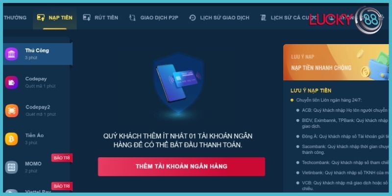 Nạp tiền Lucky88 chuyển khoản ngân hàng