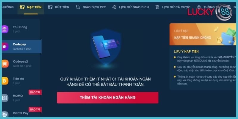 Nạp tiền Lucky88 qua Codepay