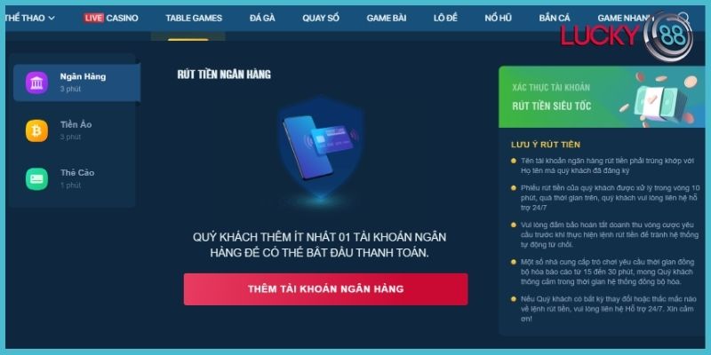 Rút tiền Lucky88 qua ngân hàng