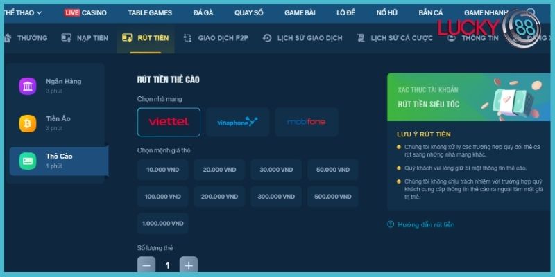 Rút tiền Lucky88 qua thẻ cào