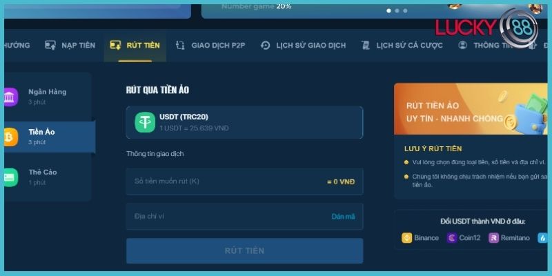 Rút tiền Lucky88 qua tiền ảo